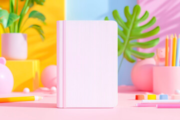 School stationery arranged with blank notebook on pink background cute study layout