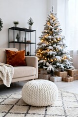 Scandinavian Holiday Home with Snowy Christmas Tree and Gifts