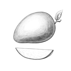 Set of Mango fruit and slice Graphic line art Graphite pencil sketch Exotic plant Grayscale