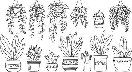 Hand-drawn doodle elements of plants in pots, hanging leaves, and small cacti, vector line art