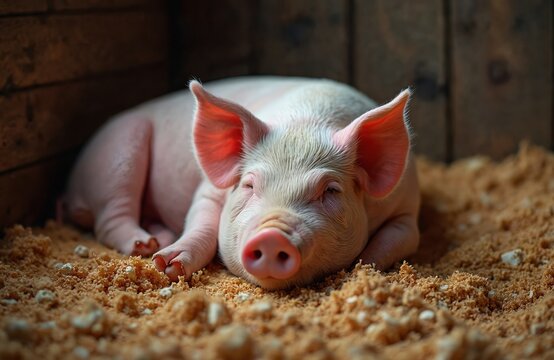 Pink pig rests in barn on sawdust bedding. Cute swine sleeps soundly inside wooden enclosure. Piglet naps peacefully in corner of farm. Animal enjoys cozy sleep on wood shavings.