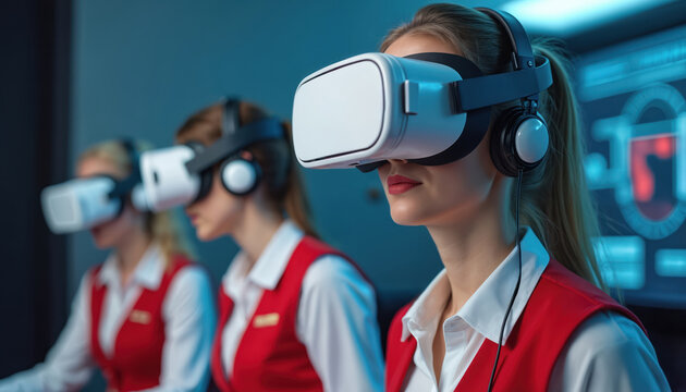 Three women wear VR headsets, training in virtual reality. They are flight attendants practicing emergency procedures using new tech. Immersive learning boosts teamwork and safety.