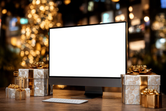 Festive holiday computer setup with gifts for Christmas promotions and seasonal greetings campaigns