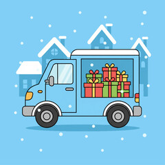 Fototapeta premium Courier Van Delivering Holiday Gift Packages in Snowy Suburban Street in Flat Vector Illustration with Solid Background