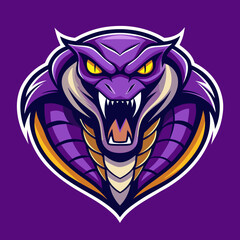 A stylized, fierce purple cobra mascot with glowing yellow eyes and sharp fangs is depicted against a solid purple background.