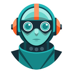 A stylized, flat design illustration of a robot's head featuring large, round eyes, headphones, and a teal and orange color scheme.