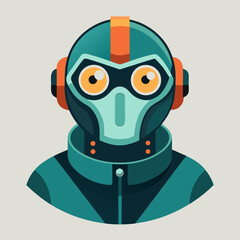 A flat design illustration of a robot's head and shoulders. The robot has teal and dark blue armor, orange accents, and large, expressive yellow eyes.