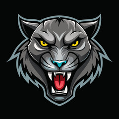 A stylized, aggressive black panther head with glowing yellow eyes and an open mouth revealing sharp teeth and a red tongue.