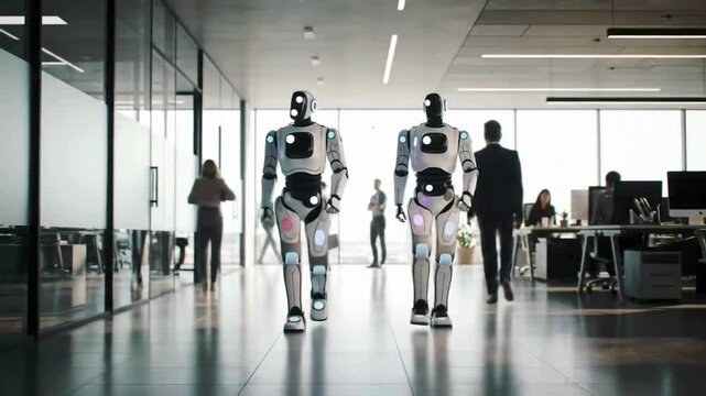 Futuristic workplace with robots walking among people in modern office, highlighting AI and automation in business environments