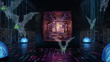 Digital Bats Infesting a Dark Server Room Data Center Security Breach Concept - Powered by Adobe