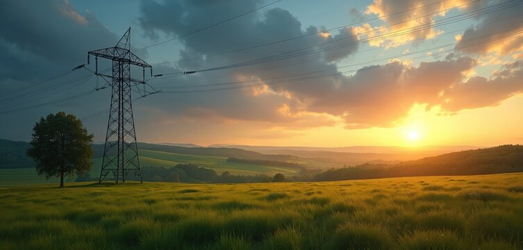 German power pylon in verdant green field at sunset. High voltage electricity transmission tower silhouetted against warm sky with clouds. Rural landscape energy infrastructure.