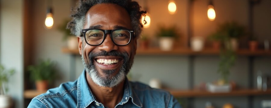 Mature African American man with glasses smiles happily. Grey beard and curly hair. He wears a denim shirt indoors, bright lights in background create warm mood. Cheerful adult person poses for photo.