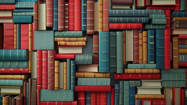 A collection of colorful, vintage books stacked closely together. The books feature various sizes and designs, creating a textured background.