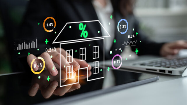 An analysis of real estate mortgage interest rates and the housing market. A concept of property investment, home loans, and finance analytics. Motif