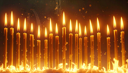 Glowing candles in Darkness: A mesmerizing array of lit candles creates a warm, atmospheric glow, their flames dancing in the darkness. The scene evokes a sense of peace, celebration.