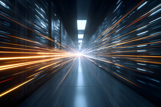 Data Stream in Server Room: Vibrant streaks of light, representing data flow, surge through a modern server room, highlighting the power and speed of digital technology.