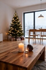 Scandinavian Holiday Interior with Candles and Christmas Tree
