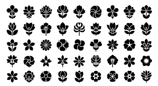 Set of Japanese style flower and leaf icons in black silhouette A large collection of botanical kamon symbols for design. EPS Editable