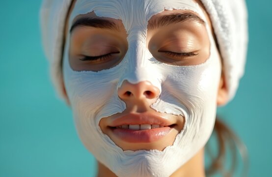 Woman relaxes with skincare facial mask spa treatment. Female uses face mask to refresh beauty. Skin care, beauty, health, body wellness. Healthy skin, calm therapy.
