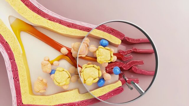 Illustration of Mast Cell Activation and Degranulation Process with Histamine Release, Allergic Reaction, Inflammation, and Magnifying Glass, Medical Visualization