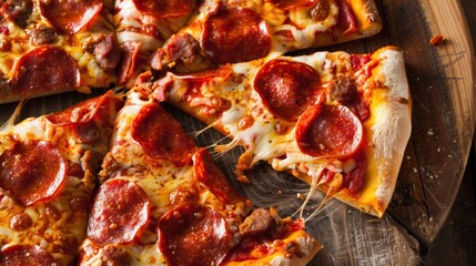 Slices of pepperoni pizza on a wooden board. The pizza has melted cheese and a crispy crust. Ideal for food-related themes.