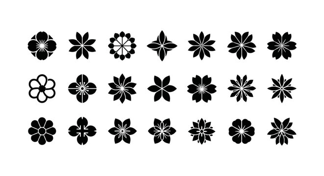 Twenty black geometric floral symbols set on white. EPS Editable