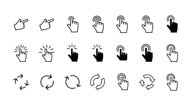 Vector icon set of hand pointers clicks taps and refresh arrows for user interface. EPS Editable