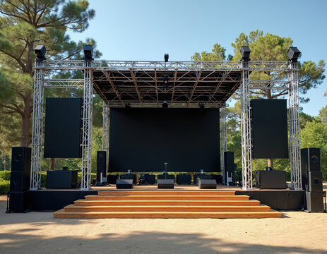 Outdoor stage with large screens and speakers set up for an event. Wooden steps lead up to the performance area surrounded by trees and clear sky. This is a ready stage setup for any kind of show.