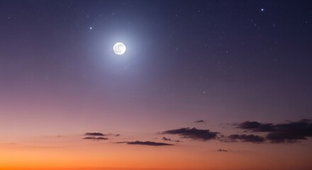 Full Moon Shining Brightly Over Colorful Sunset Sky with Stars and Clouds