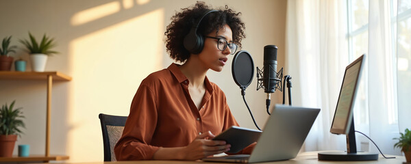 Young woman records podcast at home studio. She uses headphones and microphone to broadcast content. The scene shows a creative pro working from her indoor office space, focused on online media.