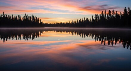 Obraz premium Sunrise Over Calm Lake with Pine Forest Reflection and Misty Horizon
