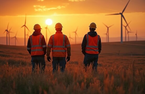 Engineers wearing safety vests look at wind turbines at sunset. Technicians control windmills on wind farm. Alternative energy specialists work on clean electric power, sustainable technology.