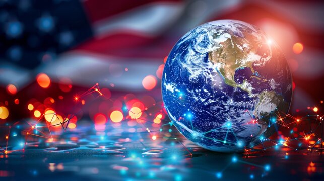 Digital concept of import tariffs with holographic globe on american flag for global trade insights