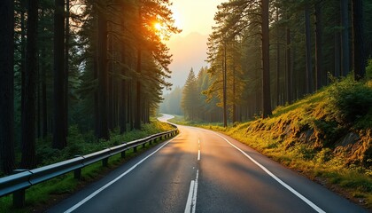 Fototapeta premium Winding asphalt road through scenic mountain forest at golden sunrise. Empty country highway path curves into pine woods landscape. Route way to travel journey car trip future adventure destination
