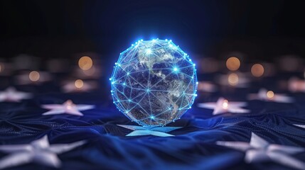 Digital representation of import tariffs with holographic globe and data symbols over american flag