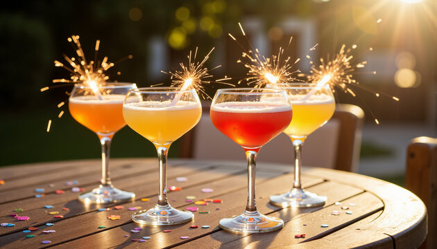 Cocktails decorated with confetti and mini sparklers on wooden table - Powered by Adobe