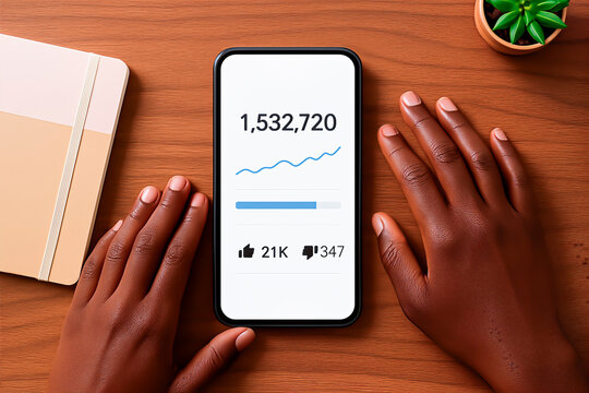 African American hands holding smartphone displaying social media analytics with engagement metrics, surrounded by notebook and plant, illustrating digital interaction and online presence - Powered by Adobe