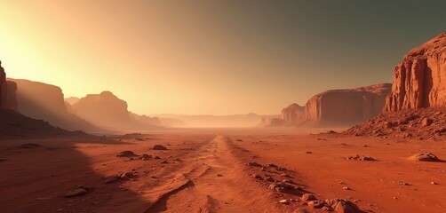 Arid red desert landscape with rock formations under light orange sky. Rocky wasteland, sparse vegetation. Mars like planet wilderness exploration. Space travel concept for future destinations,