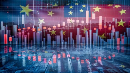 3d economic growth chart with bar graphs on china flag background illustrating market trends