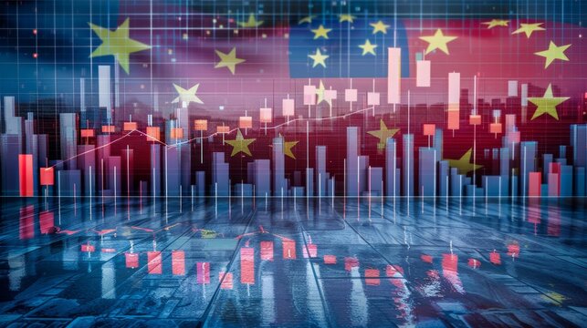 3d economic growth chart with bar graphs on china flag background illustrating market trends