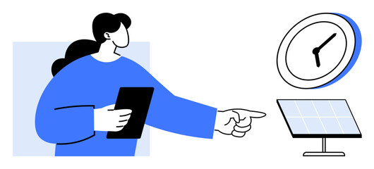 Woman in blue holding tablet, pointing towards solar panel alongside a clock. Ideal for time management, renewable energy, technology, efficiency, scheduling, sustainability, simple flat metaphor
