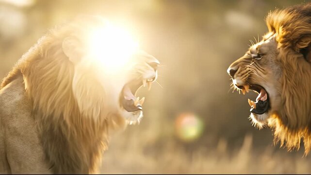 Two lions face each other, roaring with intensity in a dramatic display of power and dominance. The lions' fierce expressions capture the raw energy of their confrontation.