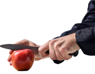 hands slicing a red apple with knife, white background