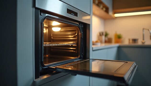 New electric oven with open door in modern kitchen interior. Built-in household appliance preheating for cooking meal. Empty stove hot, lit inside, showing clean racks for baking food. Contemporary