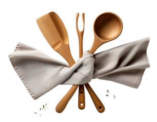 utensils and kitchen towel arranged symmetrically, white background.