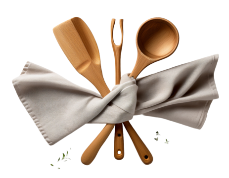 utensils and kitchen towel arranged symmetrically, white background.