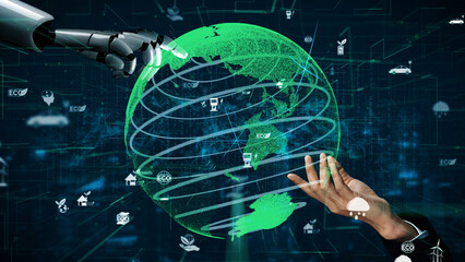 A futuristic robot hand gestures towards a digital globe representing eco-friendly initiatives and technology integration for sustainability and innovation. Xenic