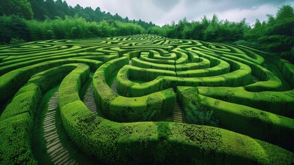 Aerial view of a green hedge maze with intricate pathways. Lush greenery surrounds the maze, creating a serene outdoor environment.
