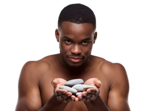 Person holding smooth river stones for relaxation, white background