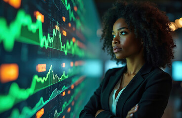 African American woman analyzes stock charts on futuristic digital screen. Works in finance, looking at trading data, economic growth, investment trends. Focus shows pro confidence, strategic